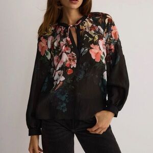 Reserved Black Blouse with Pink and Red Floral Design